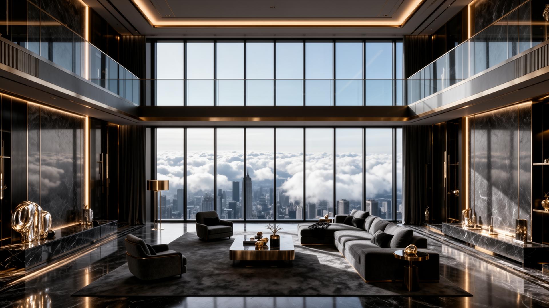 Sky mansion double-height living room with panoramic city view