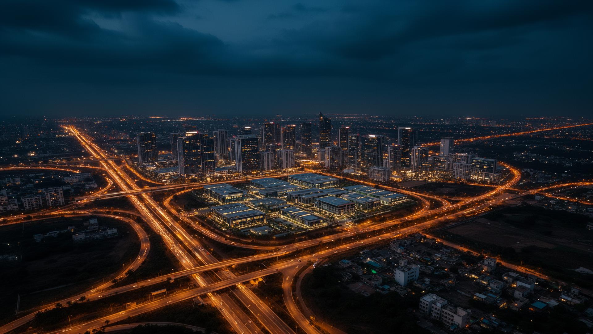 Aerial view of Kokapet Financial District at twilight
